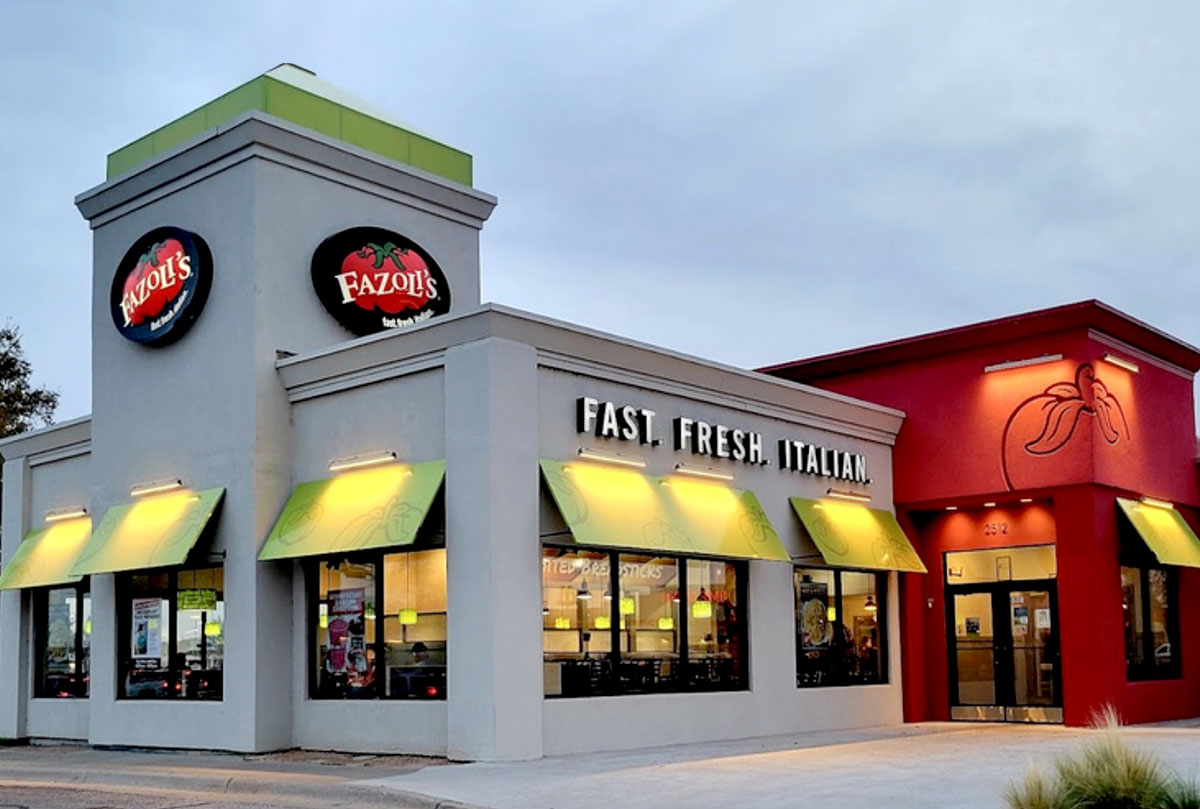 Exterior of a Fazoli's building at dusk