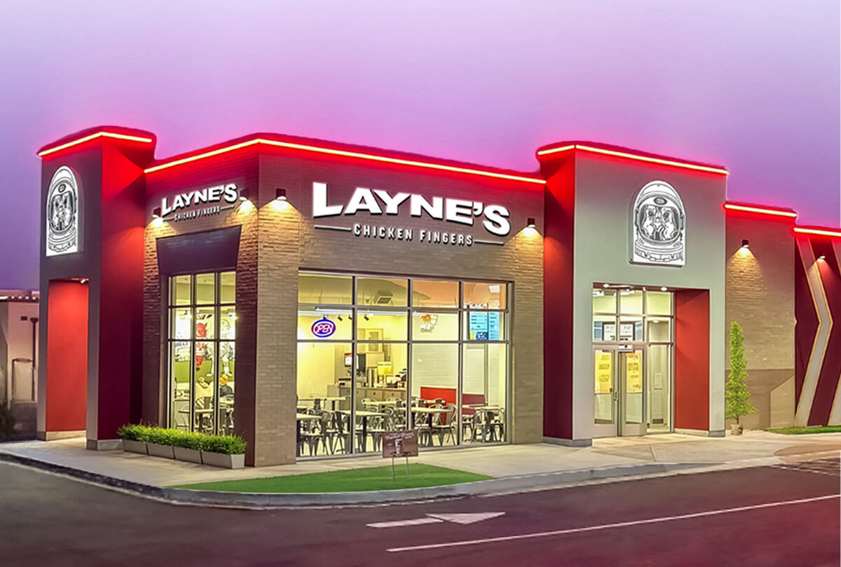 Exterior of a Layne's building at dusk